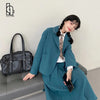 Luck A Autumn Women Elegant Blue Notched Blazer+Pleated Skirt Set Lady Long Skirts Single Botton Blazer Preppy Style 2pc Set