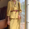 Luck A French Style Vintage 2 Piece Sets Vintage Women Suit Pearl Notched Sashes Blazer+ Skirt Elegant Office Lady Chic Suits