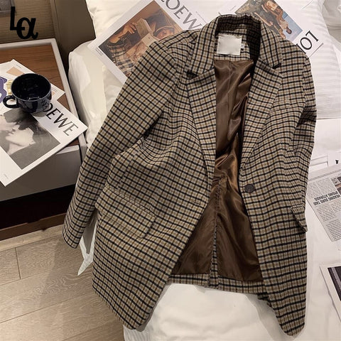 Luck A Spring Autumn Vintage Blazer Plaid Koeran Style Coat Casual Elegant Woolen Blazer Coat Outwears