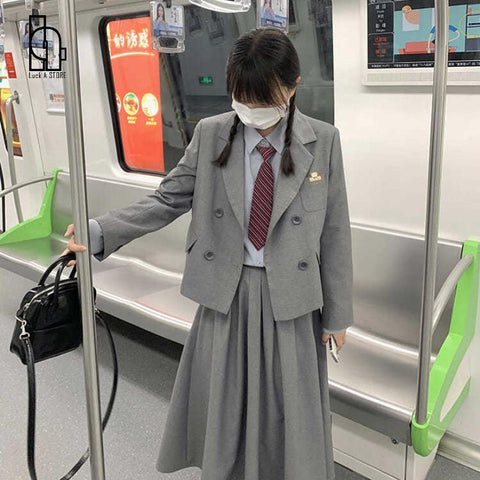 Luck A Women Sweet Skirt Suits Set 2023 Autumn 2 Piece Jacket Work Suit Pleated Skirt Korean Preppy Style Pink Grey Blazer Set