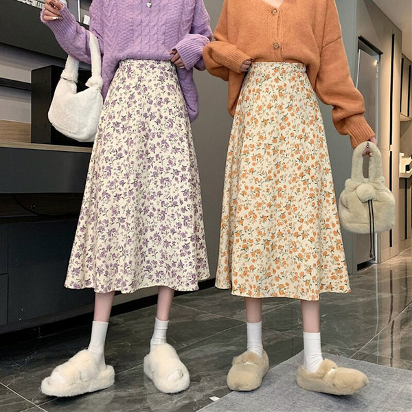 Lucyever 2023 Summer Floral Print Chiffon Skirt Women Korean Elastic High Waist Midi Skirts Femme Casual Loose A-Line Skirts