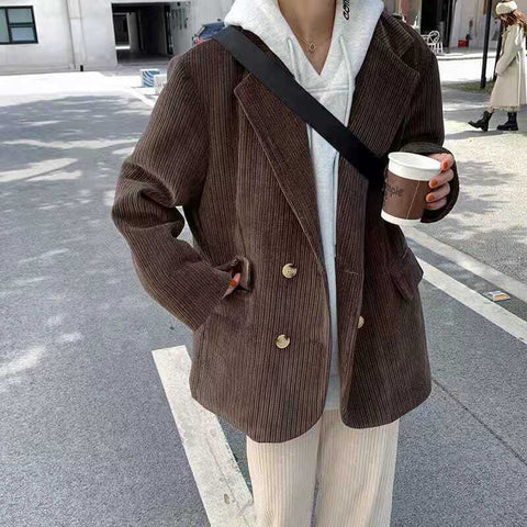 Lucyever Pink Corduroy Blazer Women Casual Loose Double Breasted Women's Jackets 2023 Autumn Winter Vintage Coats Top Female