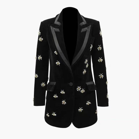 Luxurious Designing Plus Size XXXL Handmade Bees Beading Blazers Notched High Street Women Velvet Long Qaulity Blazer