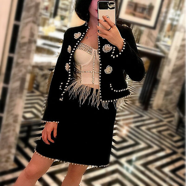 Autumn Winter Tweed Suit Set Women's Black Shiny Sequins Pearls Beaded Coats Tops And Slim Elegant Skirt Suits Set NS552