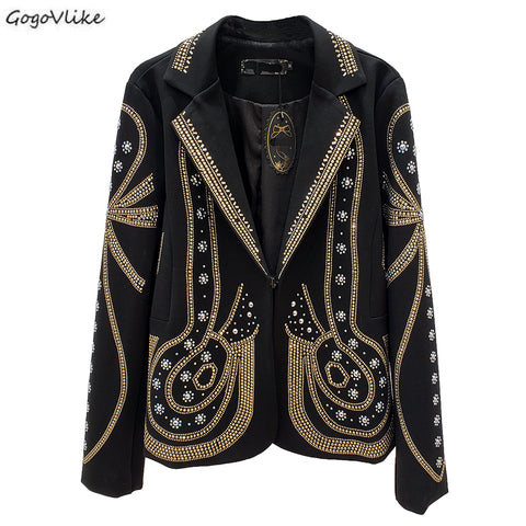 Beading Blazers Women 2023 Office Lady Black Blazers Women Long Sleeve Coats Female Rivet Party Jacket Woman LT591S50