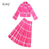 Brand 2022 Spring Autumn Striped Print Suit Coat + Pleated Skirt S-3Xl 2-Piece Set Elegant Rose Red Suit