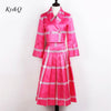 Brand 2022 Spring Autumn Striped Print Suit Coat + Pleated Skirt S-3Xl 2-Piece Set Elegant Rose Red Suit