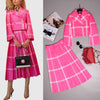 Brand 2022 Spring Autumn Striped Print Suit Coat + Pleated Skirt S-3Xl 2-Piece Set Elegant Rose Red Suit