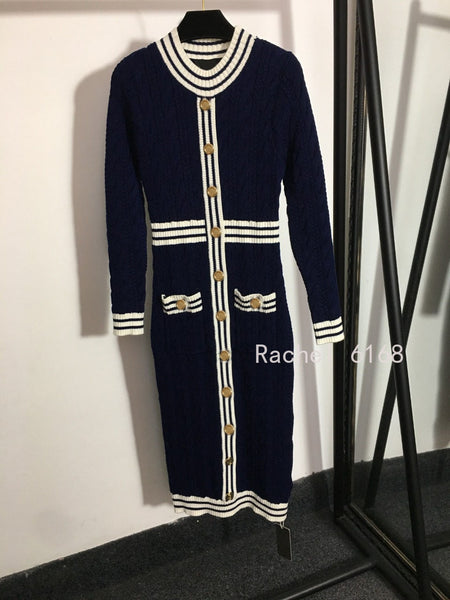 Design 2022 autumn letter single breasted stripe contrast waist elastic knitted long sleeve women's dress
