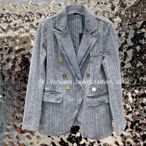 Designer 3D Monogram Pattern Bicolor Jacquard Metal Logo button Double Breasted Denim Jean Jacket coats Women Blazer Coat