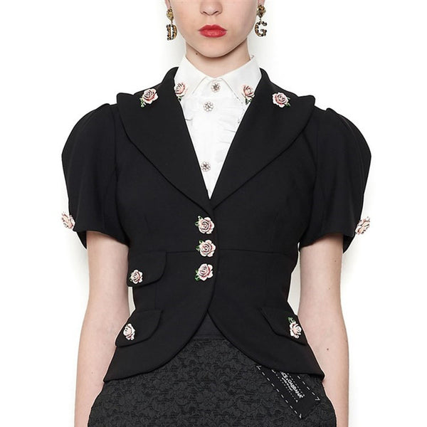 Luxury Designer Brand Women Black Jacket 2022 Ladies Short Puff Sleeve Blazer Rose Buttons Single Breasted Elegant Blazer
