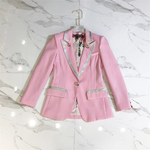 Luxury Designer Brand Women Pink Jacket Rose Print Silk Lining Long Sleeve Blazer 3D Rose Button Designer Elegant Blazer