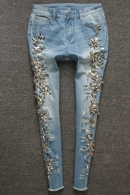 Luxury Diamond Jeans Beaded Slim Pants Women's Blue Pencil Denim Vintage Causal Pant