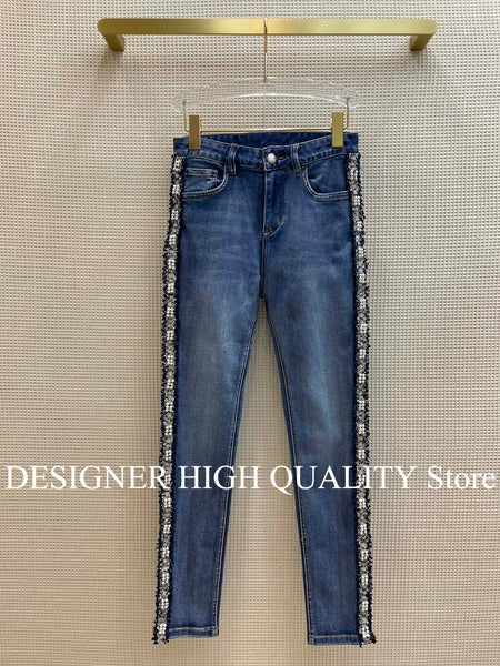 Designer Jeans Women Side Pearls Beading Tweed Patchwork Blue Denim Pants High Waist Skinny Pencil Slim Jeans