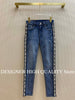 Designer Jeans Women Side Pearls Beading Tweed Patchwork Blue Denim Pants High Waist Skinny Pencil Slim Jeans