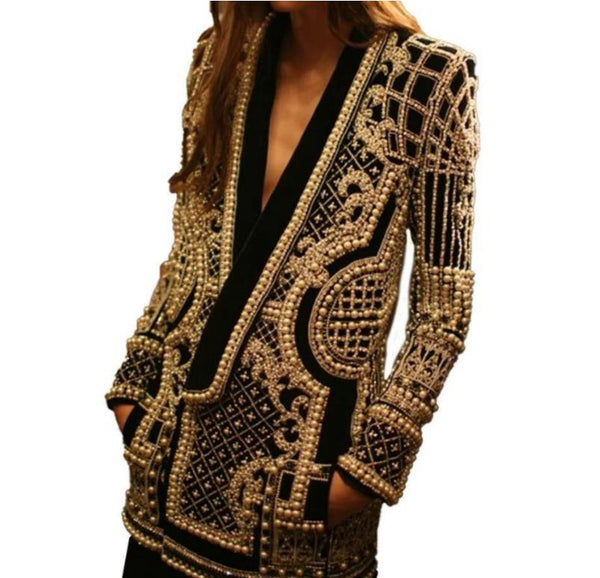 French Retro Bubble Bead Printed Coat Women 2023 Autumn V-neck Long-Sleeved Thickened Mid-Length Suit Jacket