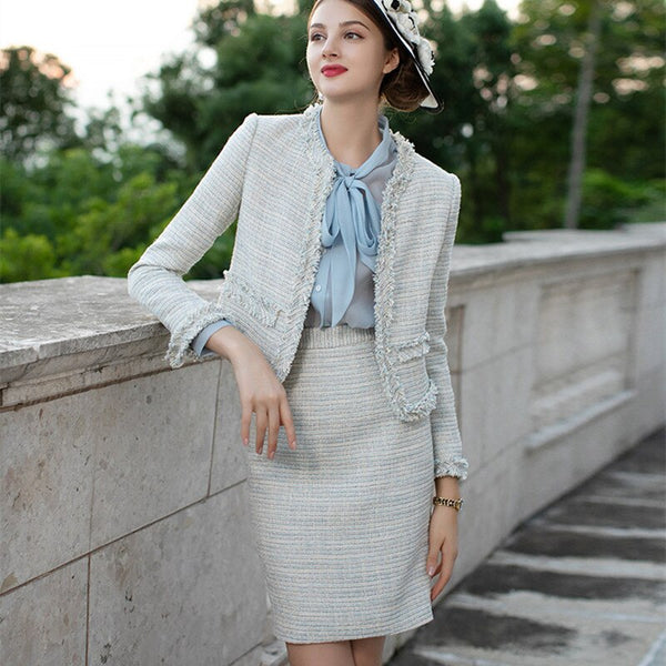 French Style Skirt Suits Tweed Wool Blazer Jacket Top Mini Skirt Two Piece Sets Women Office Ladies Formal Work