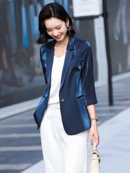 Satin Silk Blazer Lady 3/4 Sleeve Summer Thin Coat Formal Business Office Work Single Button Jacket Senior Streetwear