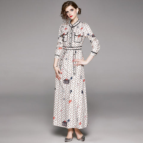 Spring Summer Fall Runway Vintage Floral Print Stand Neck Long Sleeve Women Ladies Party Casual A-Line Maxi Beach Dresses