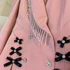 Women Party Tassel blazer dress Pink Spring Irregular collar Bow Diamond buttons jacket suit Ladies Club Slim INKEO 1O281