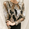 Luxury women crystal Sequins embroidery Blouse lace Geometric Heavy beads Shirts sexy blusas camisa 2022 Party Clubs Hollow Tops
