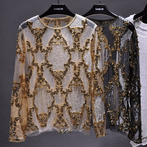 Luxury women crystal Sequins embroidery Blouse lace Geometric Heavy beads Shirts sexy blusas camisa 2022 Party Clubs Hollow Tops