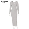 Lygens 2022 Autumn Winter Women Solid Striped Knitted Long Sleeve Midi Dress Side Slit O Neck Bodycon Sexy Streetwear Casual