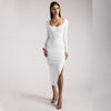 Lygens 2022 Autumn Winter Women Solid Striped Knitted Long Sleeve Midi Dress Side Slit O Neck Bodycon Sexy Streetwear Casual