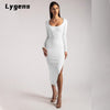 Lygens 2022 Autumn Winter Women Solid Striped Knitted Long Sleeve Midi Dress Side Slit O Neck Bodycon Sexy Streetwear Casual
