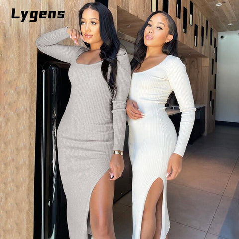 Lygens 2022 Autumn Winter Women Solid Striped Knitted Long Sleeve Midi Dress Side Slit O Neck Bodycon Sexy Streetwear Casual