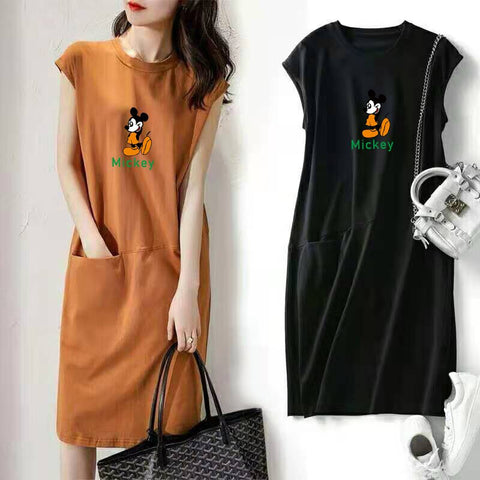 M-3XL Big Size Disney Cartoon Mickey Mouse Dresses for Women with Pocket Sleeveless Midi Casual Dress Women Elegant Y2K Dress