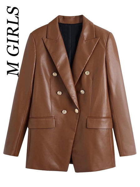 M GIRLS Women  With Buttoned Faux Leather Blazer Coat Vintage Long Sleeve Flap Pockets Female Veste Femme