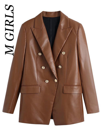 M GIRLS Women  With Buttoned Faux Leather Blazer Coat Vintage Long Sleeve Flap Pockets Female Veste Femme