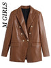 M GIRLS Women  With Buttoned Faux Leather Blazer Coat Vintage Long Sleeve Flap Pockets Female Veste Femme