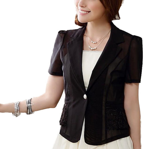 M/L/XL Lace Patchwork Tailored Collar Chiffon Blazers With Bow Summer Short Sleeve One Button Formal Tops Slim Overcoat 9814