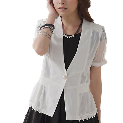 M-XXXL Women Lace Patchwork See-Through Blazer Summer Big Size Office Ladies V-Neck Single Button Mesh Cardigan Slim Tops 9910