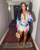 M2105ebay European and American summer women's casual printing long sleeve shirt button short skirt suit two piece set available