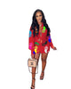 M2105ebay European and American summer women's casual printing long sleeve shirt button short skirt suit two piece set available
