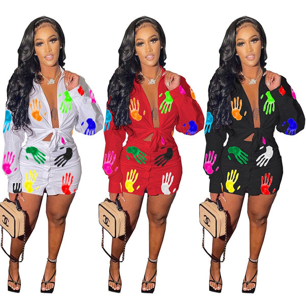 M2105ebay European and American summer women's casual printing long sleeve shirt button short skirt suit two piece set available