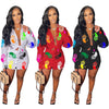 M2105ebay European and American summer women's casual printing long sleeve shirt button short skirt suit two piece set available