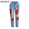Women Floral Embroidery High Waist Straight Jeans Boyfriend Ripped Holes Denim Pants Female Stretch Loose Plus Size Jeans