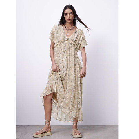 MEDR 2023 Spring Women's V-neck Snake Print MIDI Dress Vintage Chiffon Short Sleeve Women Chic Ruffle Pleated Party Clothes