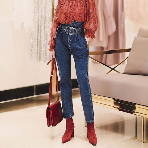 [MENKAY] Spring New Korean Leisure Denim Loose Jeans Women Fashion High Waist With Belt Harem Pants Female Tide