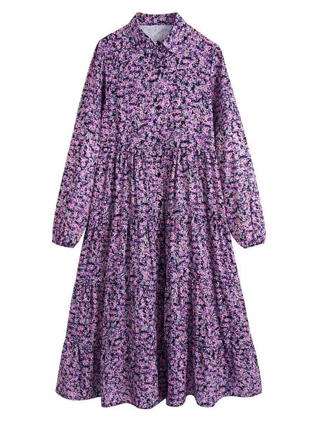 MESTTRAF Sexy Design 2023 Floral Print Pleated Midi Shirt Dress Retro Long Sleeve Button-up Female Dresses Vestidos