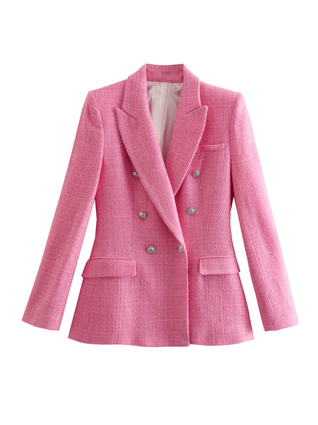 MESTTRAF Sexy Design 2023 Patch Pockets Double Breasted Casual Tweed Blazer Coat Retro Long Sleeve Female Outerwear