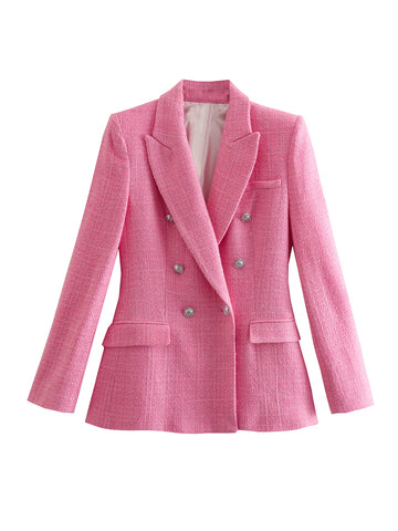 MESTTRAF Sexy Design 2023 Patch Pockets Double Breasted Casual Tweed Blazer Coat Retro Long Sleeve Female Outerwear