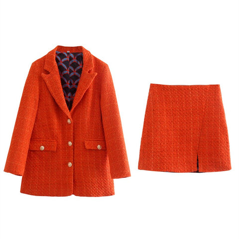 MESTTRAF Women 2023 Two-Piece Suit Tweed Check Single-Breasted Blazer With Front Slit Mini Skirt Suit Streetwear