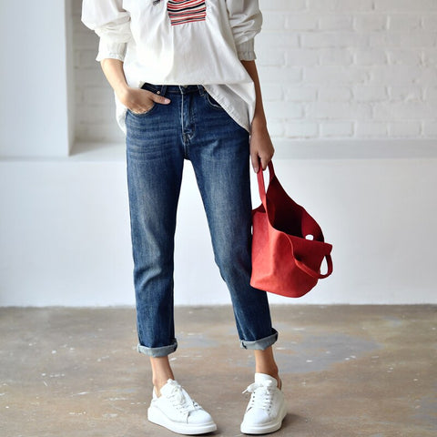 MICOCO N5572C Art-vintage straight tube, fur-trimmed high-waisted, nine-minute jeans for women fall