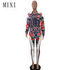 MIXI Elegant Rompers Womens Jumpsuit Two Piece Outfits Long Sleeve Vintage Printed Skinny Jumpsuits Ladies Office Party Overalls