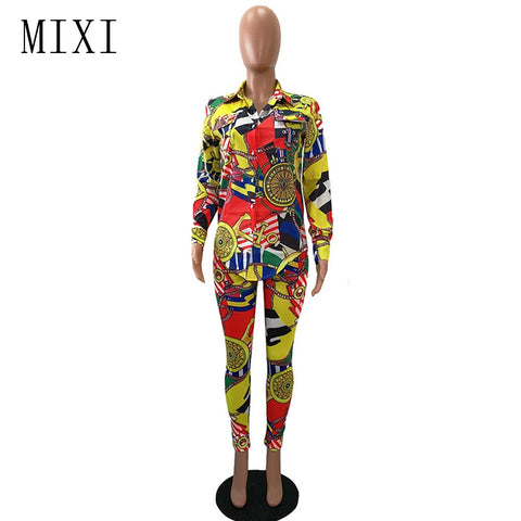 MIXI Winter Vintage Printed Women Jumpsuits Long Sleeve Elegant Ladies Office Party Casual Bodycon Jumpsuit 2 Piece Set Overalls